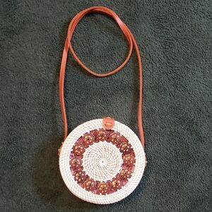Round Woven Crossbody Bag - White and Brown